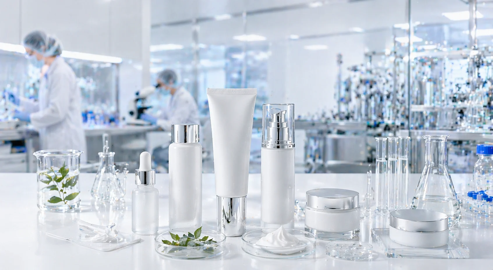 Skincare product packaging, glass beakers, and scientific test tubes displayed on a lab counter with researchers working in the background.